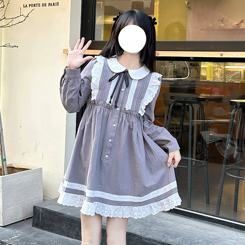 Lace Trim Doll Collar Long Sleeve Dress in Pudding Bear Style for Spring Autumn - Cute College Style Fashion Dress