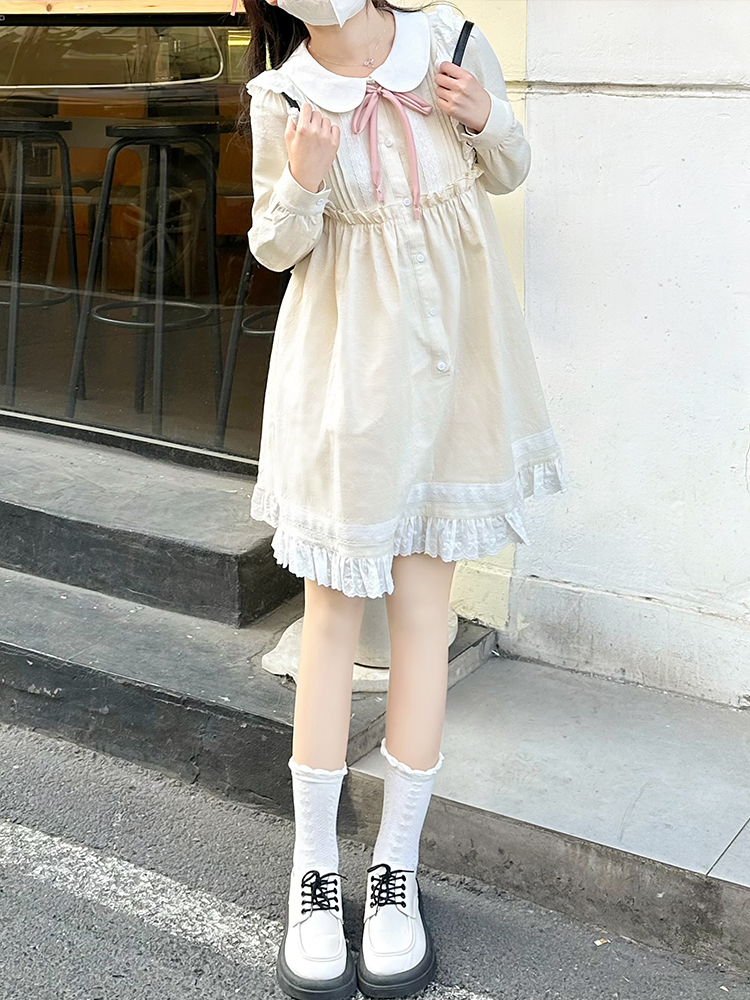 Lace Trim Doll Collar Long Sleeve Dress in Pudding Bear Style for Spring Autumn - Cute College Style Fashion Dress Lace Trim Doll Collar Long Sleeve Dress in Pudding Bear Style for Spring Autumn - Cute College Style Fashion Dress