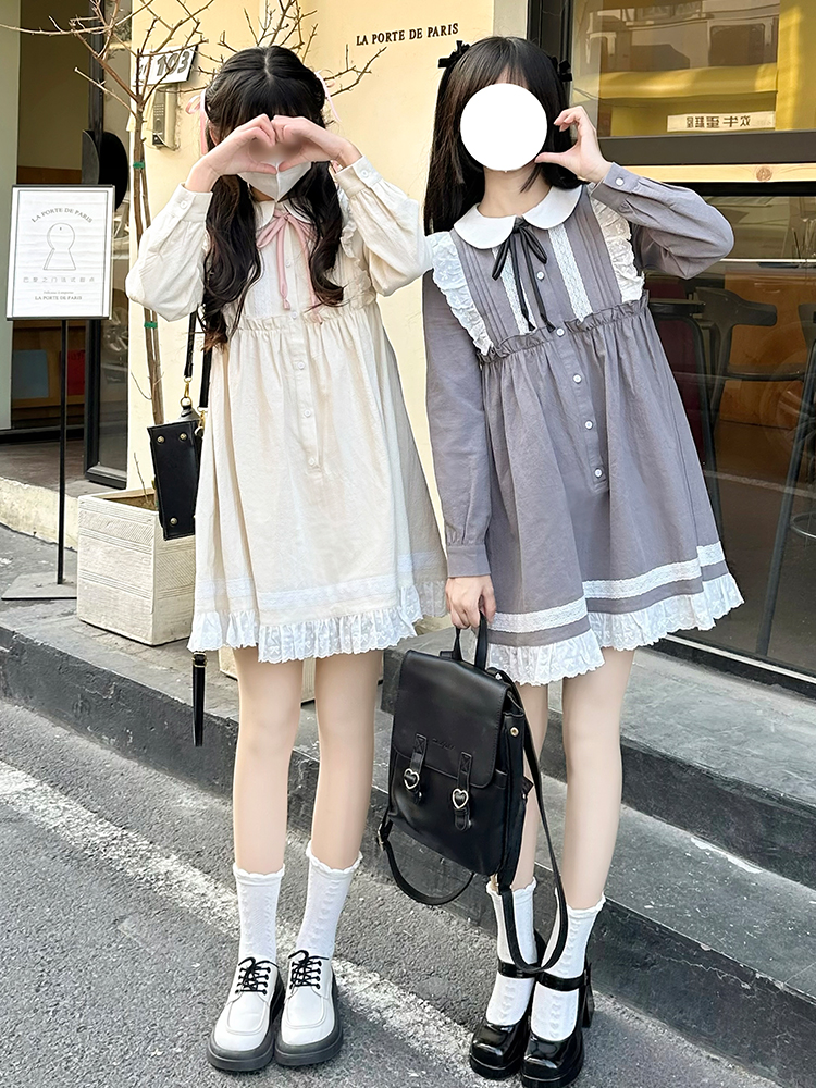 Lace Trim Doll Collar Long Sleeve Dress in Pudding Bear Style for Spring Autumn - Cute College Style Fashion Dress Lace Trim Doll Collar Long Sleeve Dress in Pudding Bear Style for Spring Autumn - Cute College Style Fashion Dress