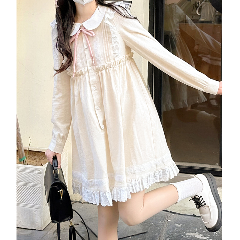 Lace Trim Doll Collar Long Sleeve Dress in Pudding Bear Style for Spring Autumn - Cute College Style Fashion Dress Lace Trim Doll Collar Long Sleeve Dress in Pudding Bear Style for Spring Autumn - Cute College Style Fashion Dress