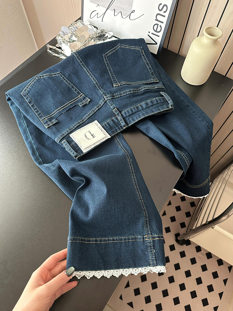 Lace Trim High-Waisted Denim Pants for Women - Summer 2025 Loose Slimming Straight-Leg Style for Petite Sizes