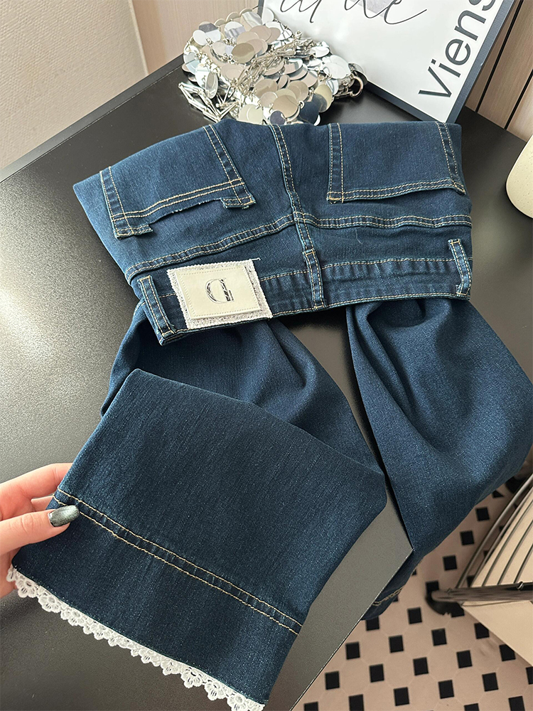 Lace Trim High-Waisted Denim Pants for Women - Summer 2025 Loose Slimming Straight-Leg Style for Petite Sizes Lace Trim High-Waisted Denim Pants for Women - Summer 2025 Loose Slimming Straight-Leg Style for Petite Sizes