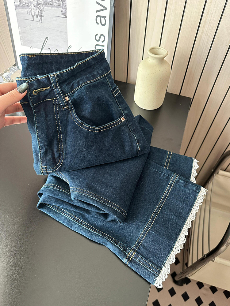 Lace Trim High-Waisted Denim Pants for Women - Summer 2025 Loose Slimming Straight-Leg Style for Petite Sizes Lace Trim High-Waisted Denim Pants for Women - Summer 2025 Loose Slimming Straight-Leg Style for Petite Sizes