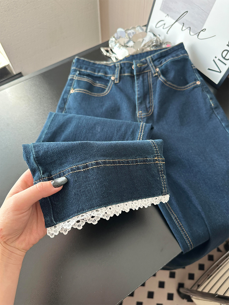 Lace Trim High-Waisted Denim Pants for Women - Summer 2025 Loose Slimming Straight-Leg Style for Petite Sizes