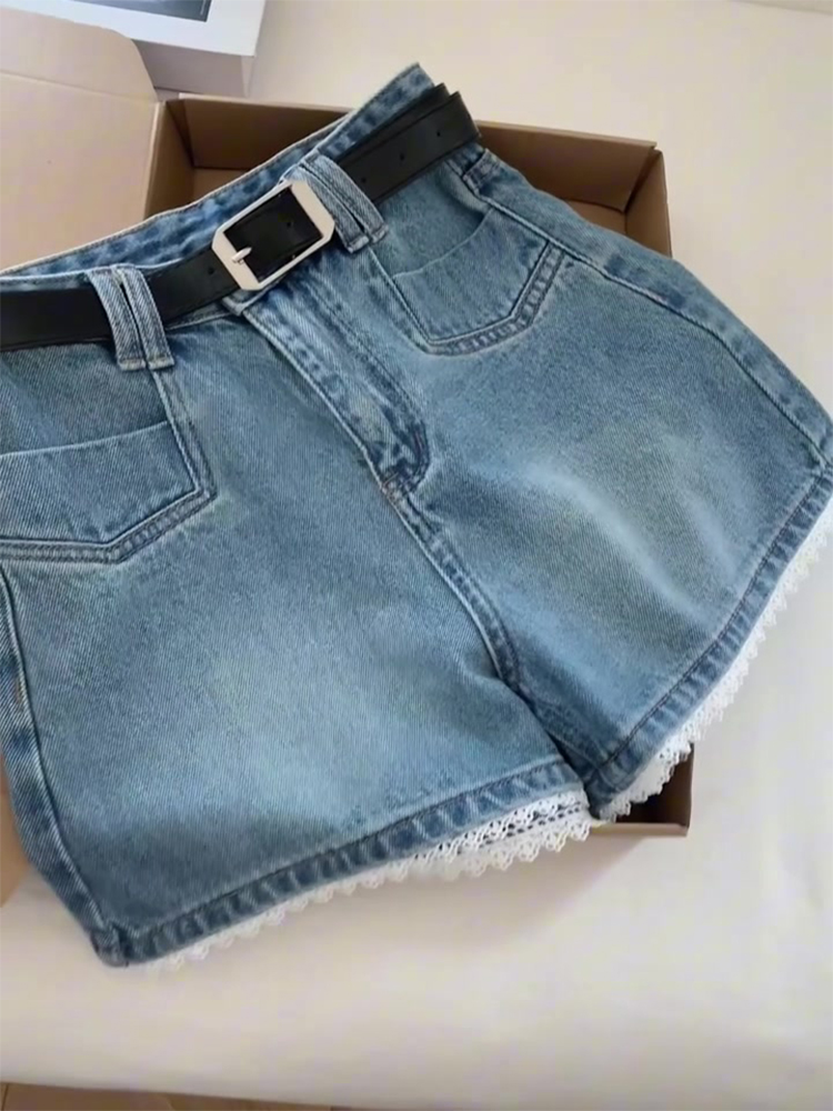 Lace Trim High-Waisted Denim Shorts for Women - Summer Slimming A-Line Wide-Leg Pants, Versatile Fit for Petite Sizes Lace Trim High-Waisted Denim Shorts for Women - Summer Slimming A-Line Wide-Leg Pants, Versatile Fit for Petite Sizes