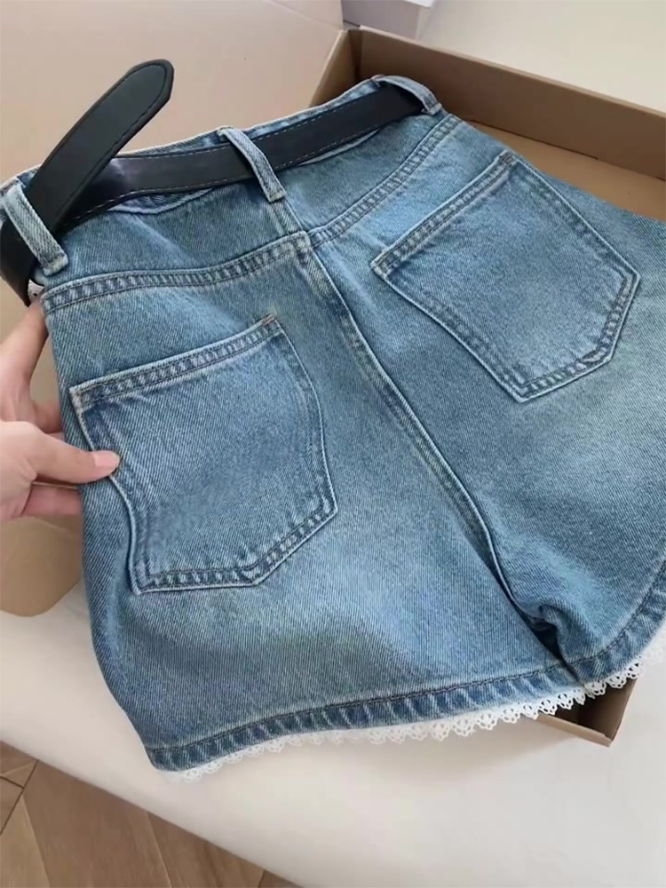 Lace Trim High-Waisted Denim Shorts for Women - Summer Slimming A-Line Wide-Leg Pants, Versatile Fit for Petite Sizes Lace Trim High-Waisted Denim Shorts for Women - Summer Slimming A-Line Wide-Leg Pants, Versatile Fit for Petite Sizes