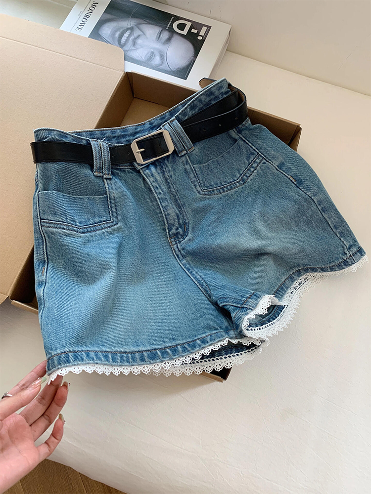 Lace Trim High-Waisted Denim Shorts for Women - Summer Slimming A-Line Wide-Leg Pants, Versatile Fit for Petite Sizes