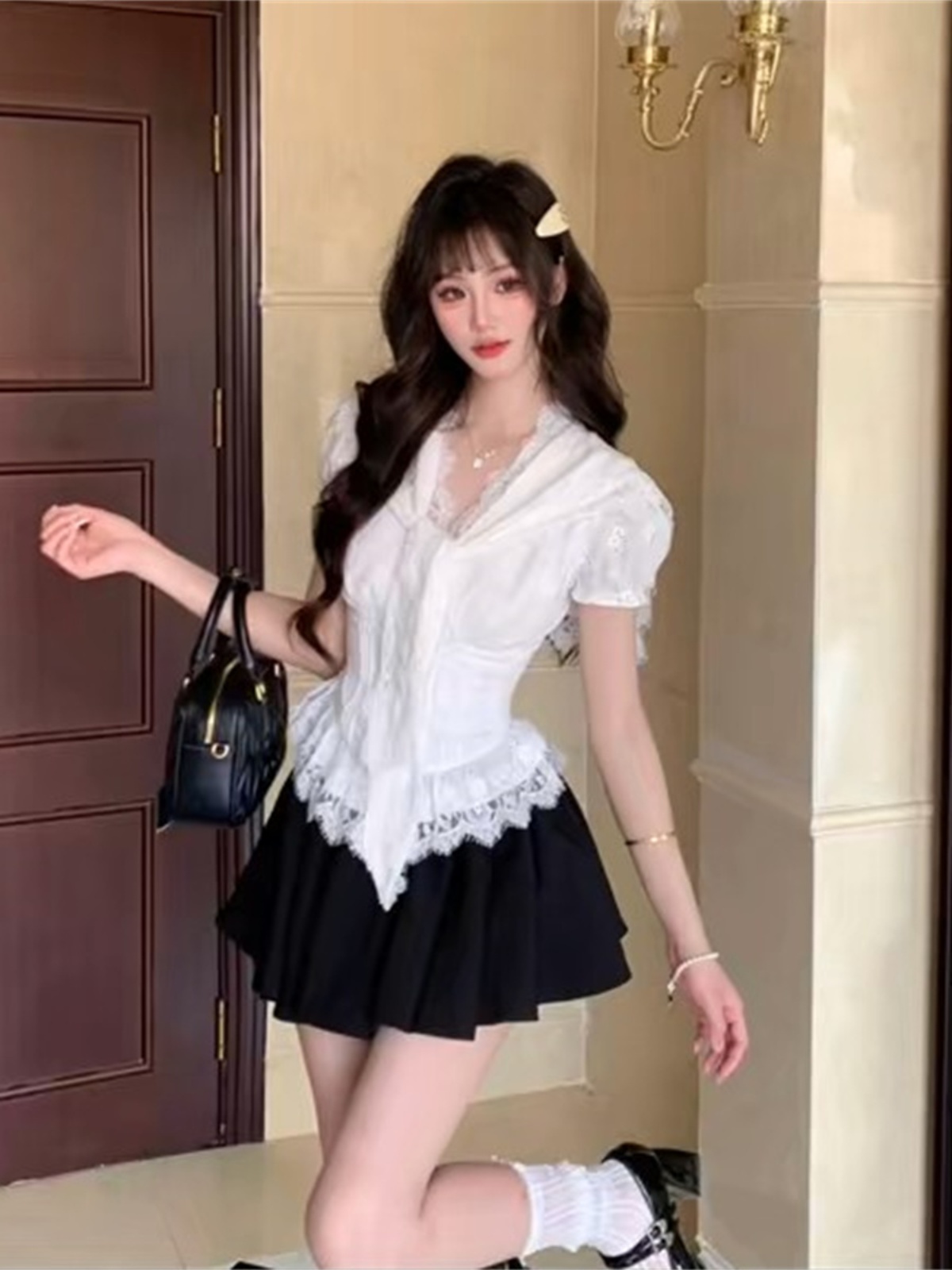 Lace-Trimmed Short Sleeve Top & High-Waisted Skirt 3-Piece Set for Women - Sweet and Spicy Spring Collection, Chic Y2K Style