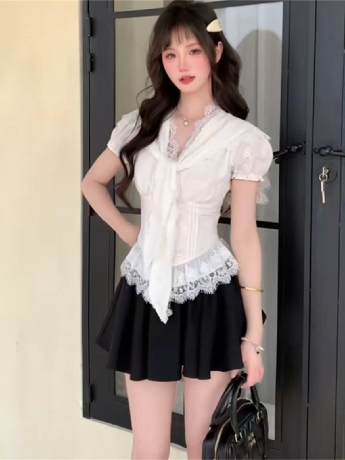 Lace-Trimmed Short Sleeve Top & High-Waisted Skirt 3-Piece Set for Women - Sweet and Spicy Spring Collection, Chic Y2K Style