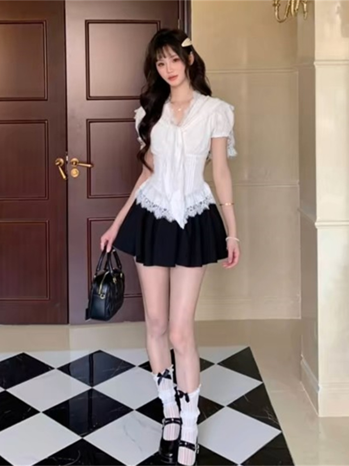 Lace-Trimmed Short Sleeve Top & High-Waisted Skirt 3-Piece Set for Women - Sweet and Spicy Spring Collection, Chic Y2K Style Lace-Trimmed Short Sleeve Top & High-Waisted Skirt 3-Piece Set for Women - Sweet and Spicy Spring Collection, Chic Y2K Style