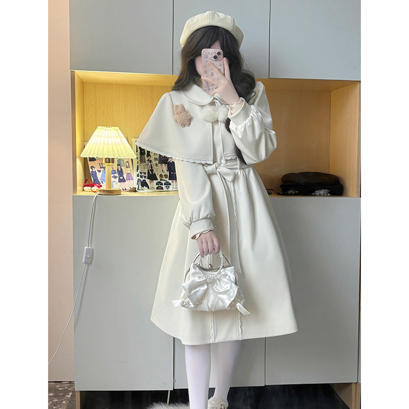 Lace-Up Pudding Bear JK Uniform Cape Shawl Dress for Women - Elegant Autumn Winter Coat 2025, Y2K Korean Style Fashion