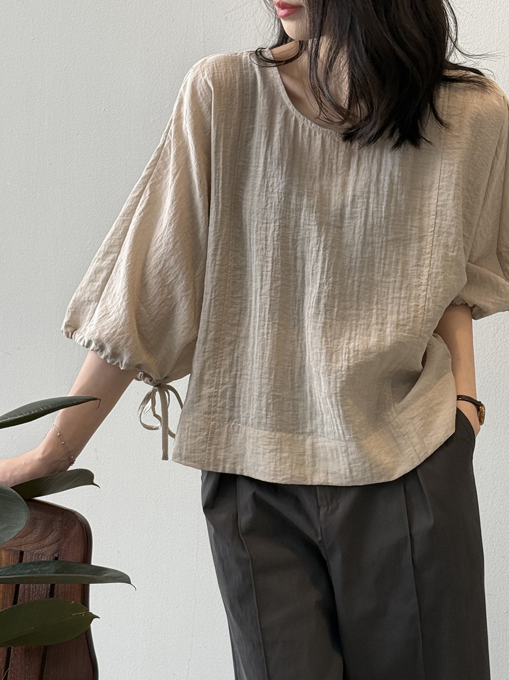 Lace-Up Three-Quarter Sleeve Shirt for Women - 2025 Summer Style, High-End Lazy Doll Top, Lightweight Fashion