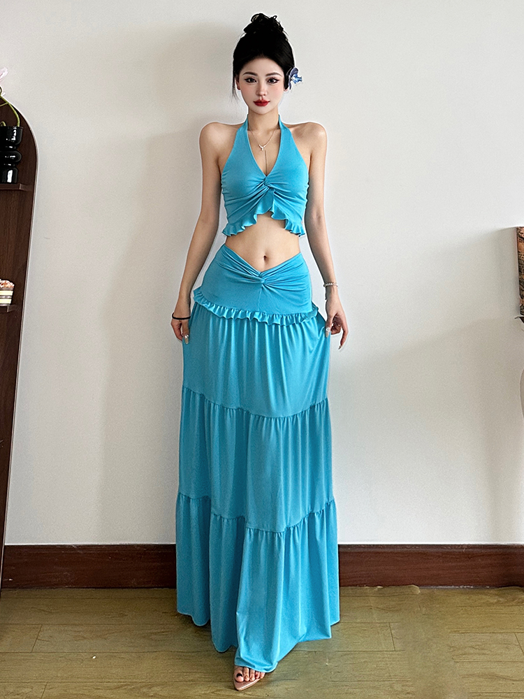 Lake Blue Lace-Up Halter Top & Low-Waist Skirt Two-Piece Set - Eccentric Vacation Style for Women, Perfect for 90s and Y2K Fashion