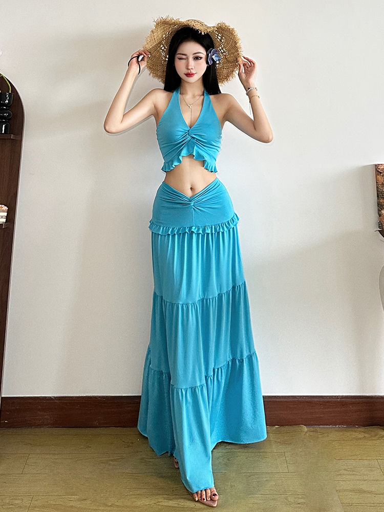 Lake Blue Lace-Up Halter Top & Low-Waist Skirt Two-Piece Set - Eccentric Vacation Style for Women, Perfect for 90s and Y2K Fashion Lake Blue Lace-Up Halter Top & Low-Waist Skirt Two-Piece Set - Eccentric Vacation Style for Women, Perfect for 90s and Y2K Fashion