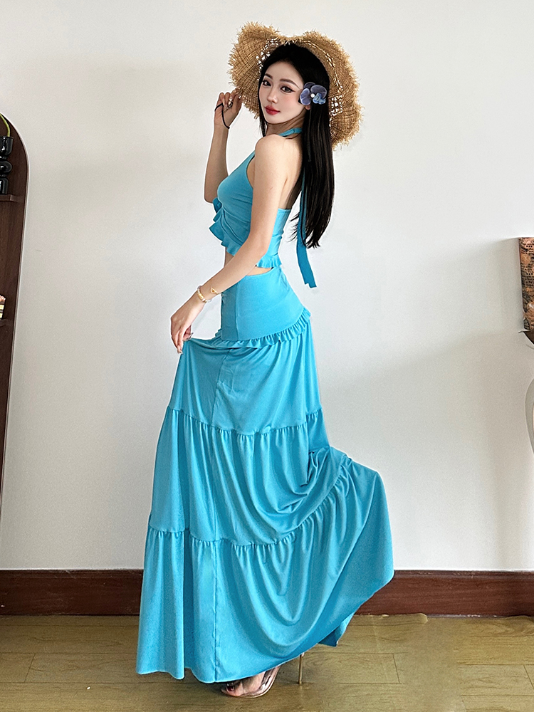 Lake Blue Lace-Up Halter Top & Low-Waist Skirt Two-Piece Set - Eccentric Vacation Style for Women, Perfect for 90s and Y2K Fashion Lake Blue Lace-Up Halter Top & Low-Waist Skirt Two-Piece Set - Eccentric Vacation Style for Women, Perfect for 90s and Y2K Fashion