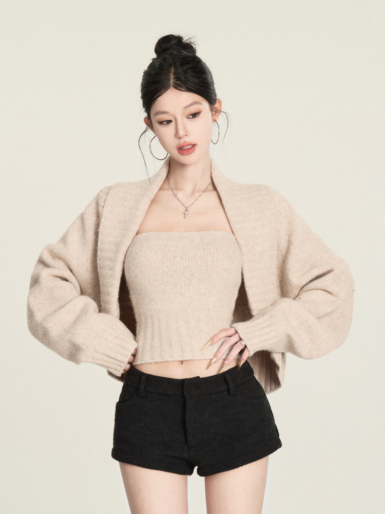 Lapel Shawl Sweater Coat Strapless Women's Winter Knitted Top Loose Vintage Style Blouse for Cozy Layering Lapel Shawl Sweater Coat Strapless Women's Winter Knitted Top Loose Vintage Style Blouse for Cozy Layering