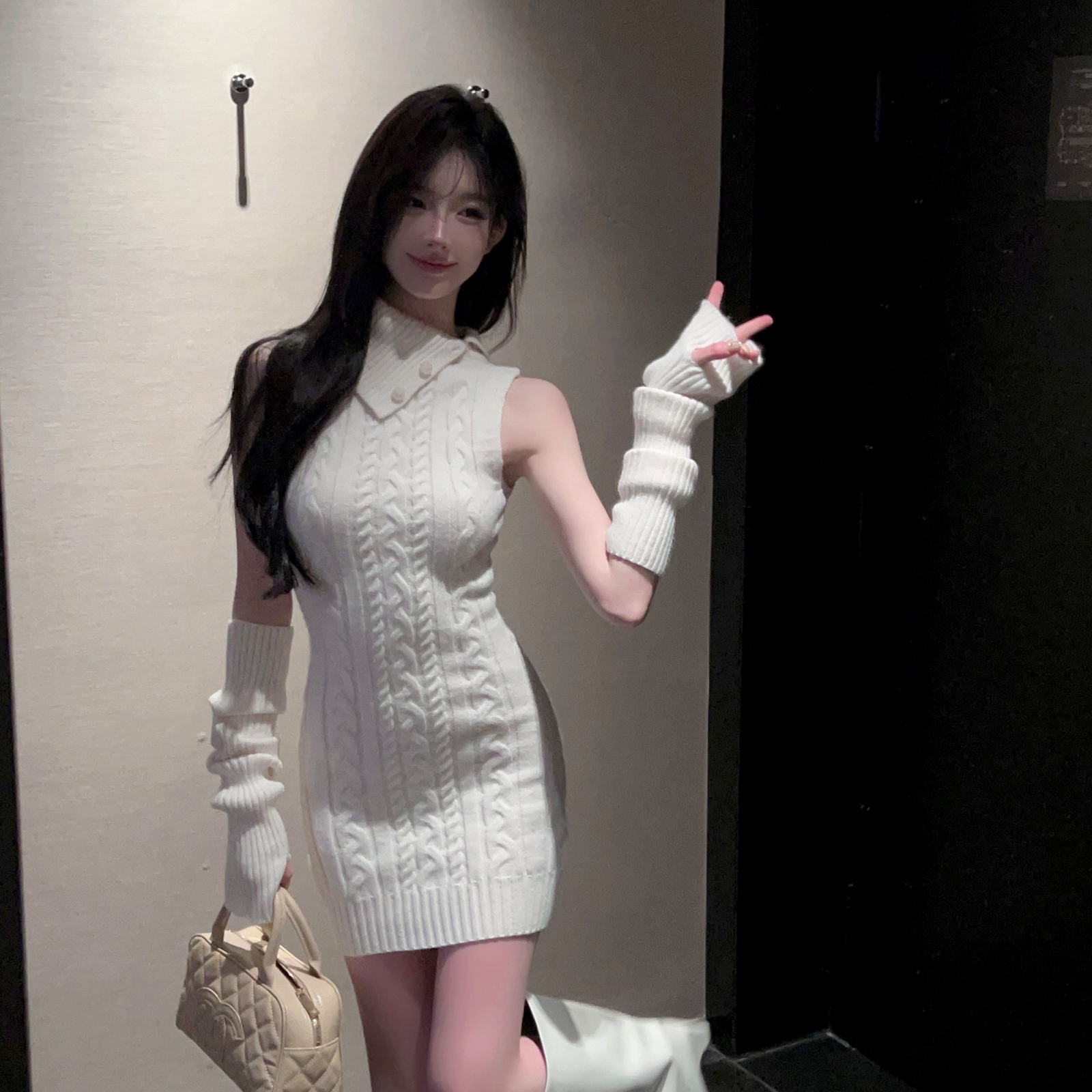 Lapel Sleeveless White Knitted Bodycon Dress with Sleeve Covers - Slim Fit Autumn Winter Fashion for a Chic Look