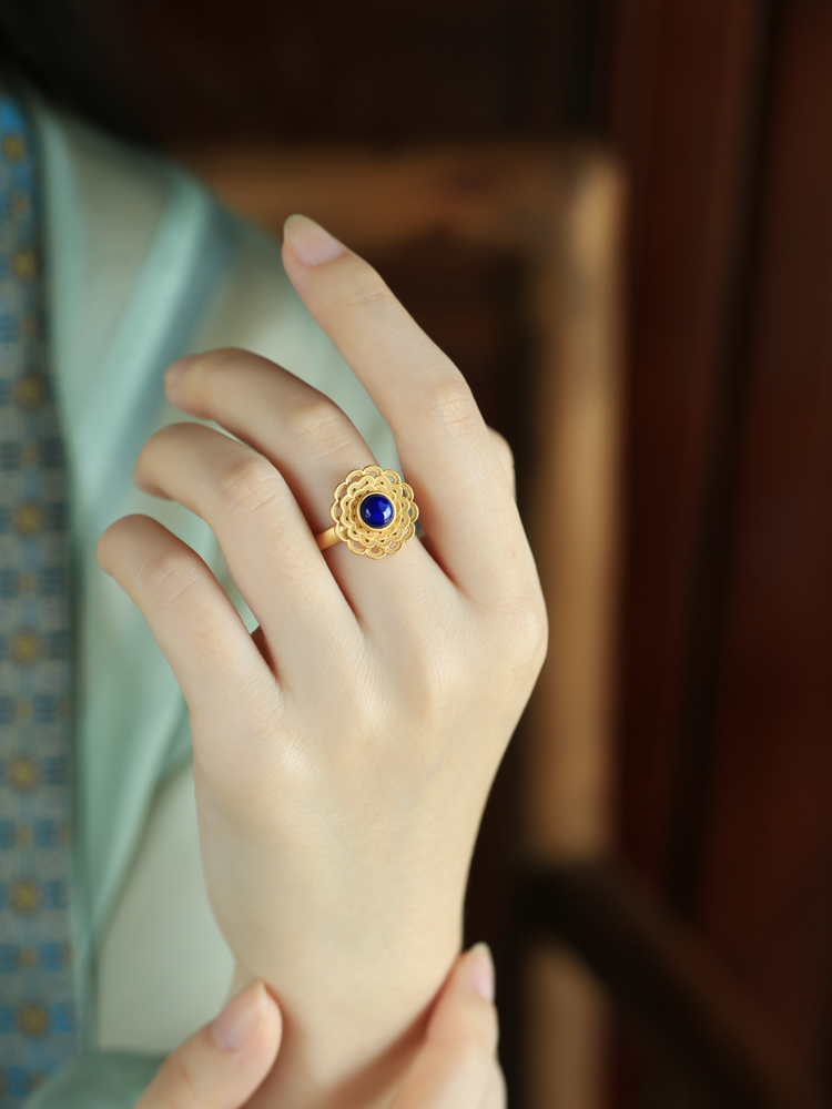 Lapis Lazuli Open Lotus Ring for Women - Pure Silver with Gold-Inlaid Jade, Light Luxury Niche Design for Elegant Style Lapis Lazuli Open Lotus Ring for Women - Pure Silver with Gold-Inlaid Jade, Light Luxury Niche Design for Elegant Style