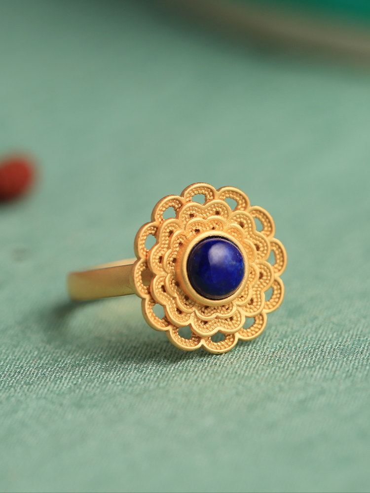 Lapis Lazuli Open Lotus Ring for Women - Pure Silver with Gold-Inlaid Jade, Light Luxury Niche Design for Elegant Style Lapis Lazuli Open Lotus Ring for Women - Pure Silver with Gold-Inlaid Jade, Light Luxury Niche Design for Elegant Style