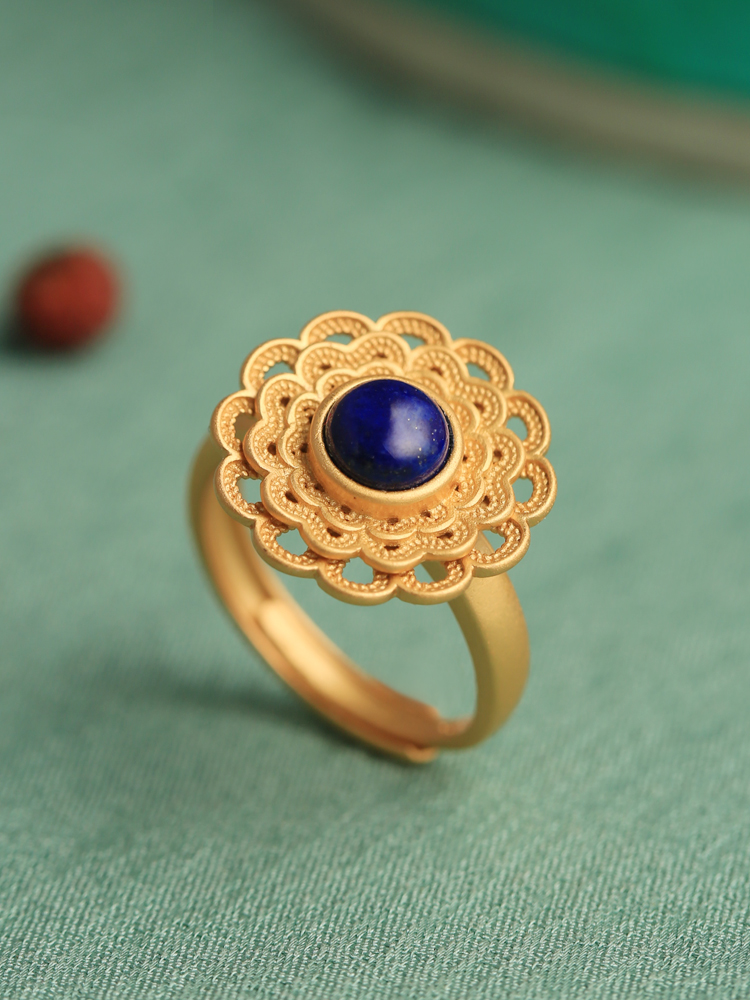 Lapis Lazuli Open Lotus Ring for Women - Pure Silver with Gold-Inlaid Jade, Light Luxury Niche Design for Elegant Style