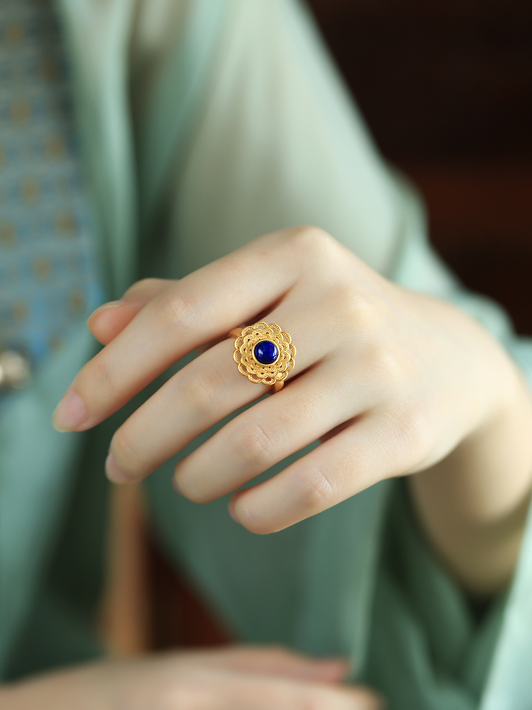 Lapis Lazuli Open Lotus Ring for Women - Pure Silver with Gold-Inlaid Jade, Light Luxury Niche Design for Elegant Style Lapis Lazuli Open Lotus Ring for Women - Pure Silver with Gold-Inlaid Jade, Light Luxury Niche Design for Elegant Style