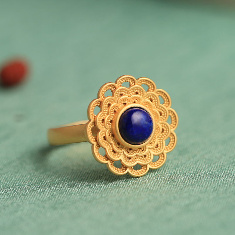 Lapis Lazuli Open Lotus Ring for Women - Pure Silver with Gold-Inlaid Jade, Light Luxury Niche Design for Elegant Style