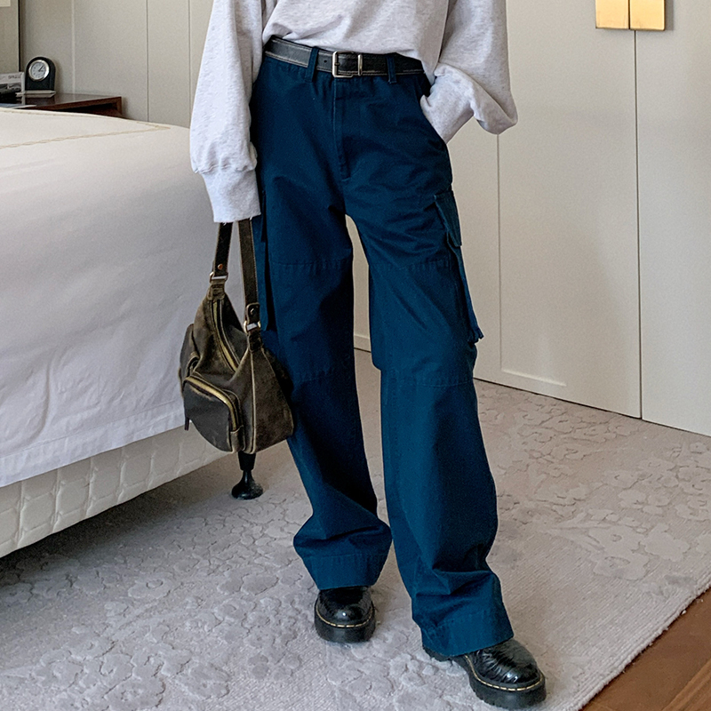 Large Pocket Straight Loose Work Pants for Women - Slimming Pure Cotton Floor-Length Design for Short People