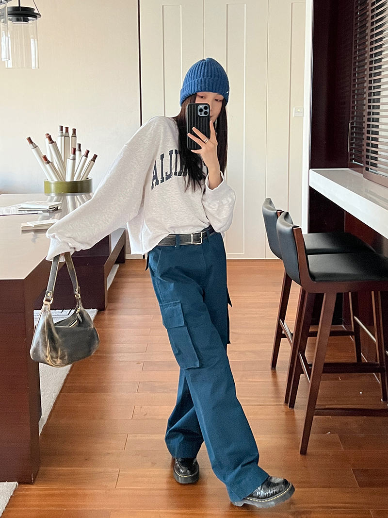 Large Pocket Straight Loose Work Pants for Women - Slimming Pure Cotton Floor-Length Design for Short People Large Pocket Straight Loose Work Pants for Women - Slimming Pure Cotton Floor-Length Design for Short People