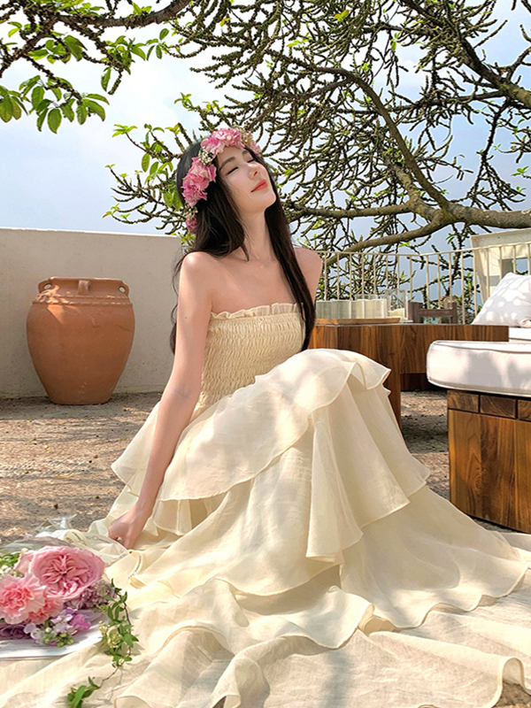 Layered Cake Skirt One-Shoulder Strapless Dress - Court Style Heavy-Duty Puff Skirt with Large Hem - Fairy-Like Aesthetic Layered Cake Skirt One-Shoulder Strapless Dress - Court Style Heavy-Duty Puff Skirt with Large Hem - Fairy-Like Aesthetic