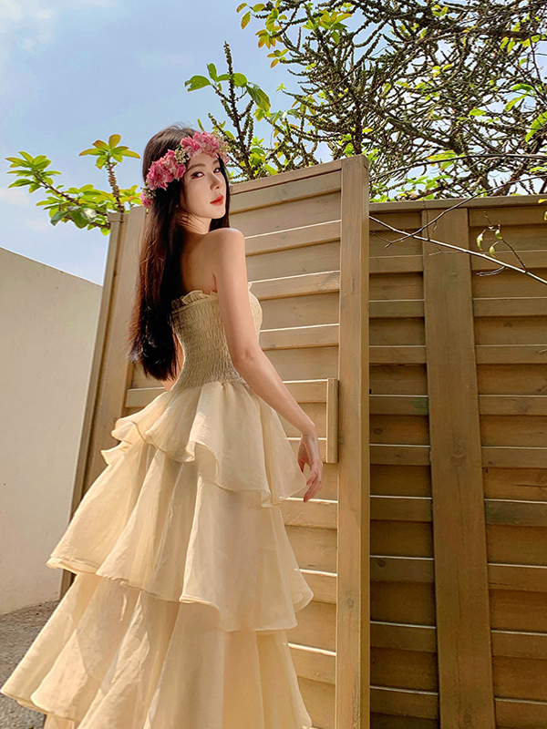 Layered Cake Skirt One-Shoulder Strapless Dress - Court Style Heavy-Duty Puff Skirt with Large Hem - Fairy-Like Aesthetic Layered Cake Skirt One-Shoulder Strapless Dress - Court Style Heavy-Duty Puff Skirt with Large Hem - Fairy-Like Aesthetic