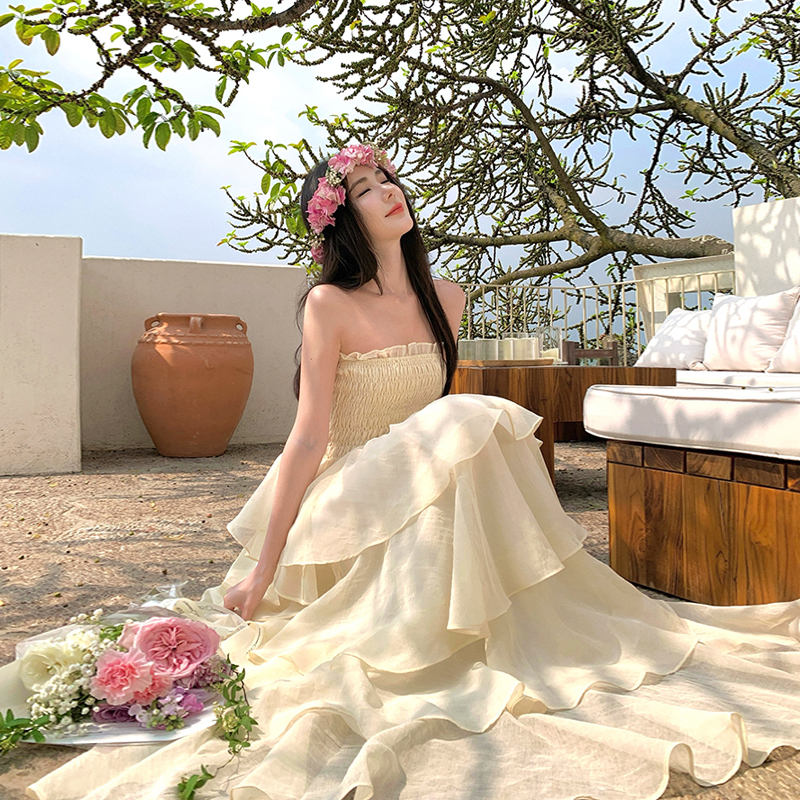 Layered Cake Skirt One-Shoulder Strapless Dress - Court Style Heavy-Duty Puff Skirt with Large Hem - Fairy-Like Aesthetic