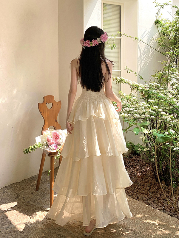 Layered Cake Skirt One-Shoulder Strapless Dress - Court Style Heavy-Duty Puff Skirt with Large Hem - Fairy-Like Aesthetic Layered Cake Skirt One-Shoulder Strapless Dress - Court Style Heavy-Duty Puff Skirt with Large Hem - Fairy-Like Aesthetic