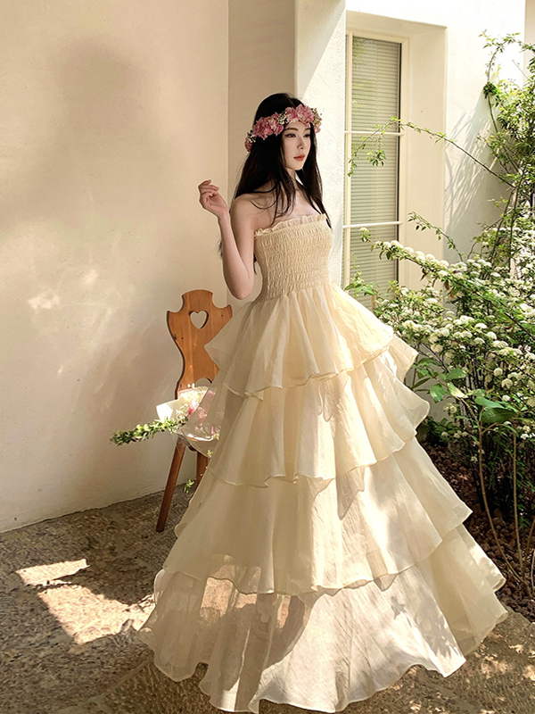 Layered Cake Skirt One-Shoulder Strapless Dress - Court Style Heavy-Duty Puff Skirt with Large Hem - Fairy-Like Aesthetic