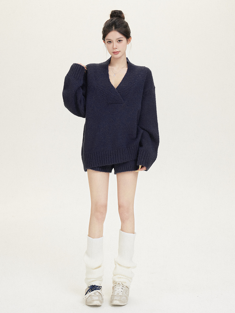 Lazy Style V-Neck Knitted Sweater Set with Shorts - Winter Two-Piece Dopamine Outfit, Y2K Inspired Fashion