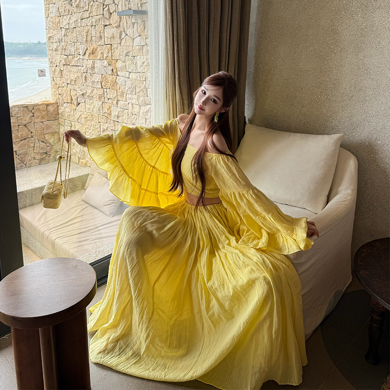 Lemon Lotus Leaf Sleeve Top & Flared Skirt Two-Piece Mid-Length Dress Set for Holiday Style, Perfect for 90s and Y2K Fashion Lovers