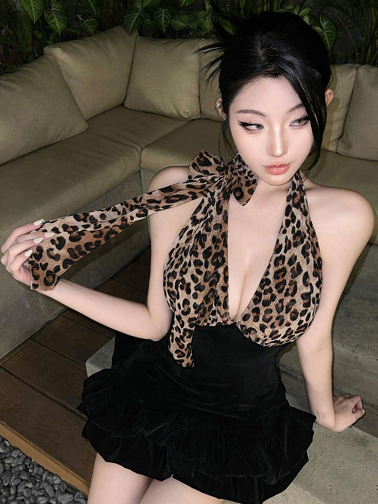 Leopard Print Spliced Deep V Neck Halter Dress for Women - Sexy Backless High Waist A-Line Mini Skirt in Socialite Style Leopard Print Spliced Deep V Neck Halter Dress for Women - Sexy Backless High Waist A-Line Mini Skirt in Socialite Style