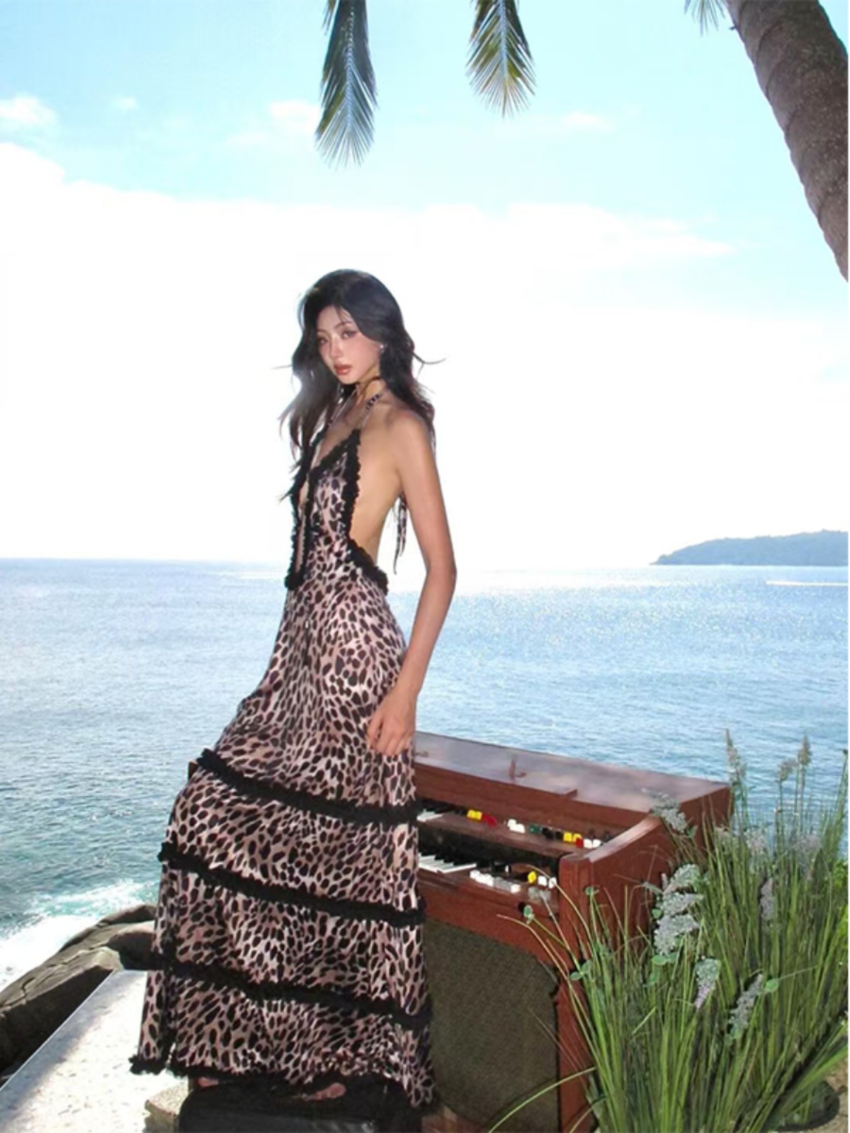 Leopard Print Spliced Lace Dress with Hollow Back - Sexy European and American Style Long Dress for Hot Girls Leopard Print Spliced Lace Dress with Hollow Back - Sexy European and American Style Long Dress for Hot Girls