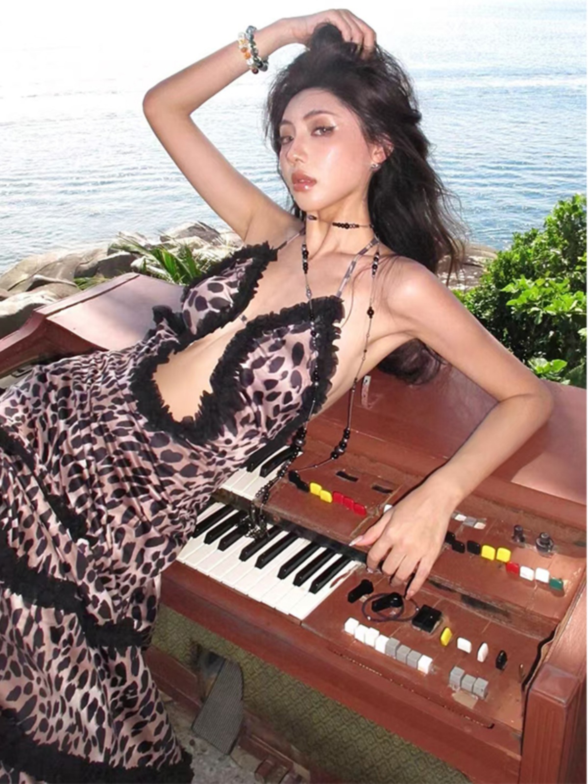 Leopard Print Spliced Lace Dress with Hollow Back - Sexy European and American Style Long Dress for Hot Girls Leopard Print Spliced Lace Dress with Hollow Back - Sexy European and American Style Long Dress for Hot Girls