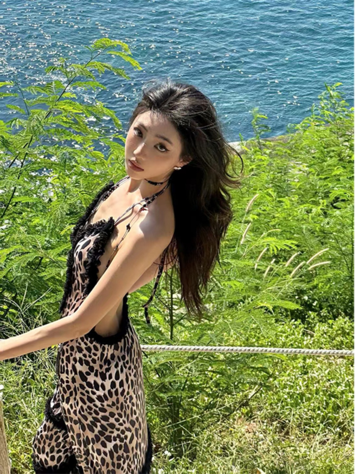 Leopard Print Spliced Lace Dress with Hollow Back - Sexy European and American Style Long Dress for Hot Girls Leopard Print Spliced Lace Dress with Hollow Back - Sexy European and American Style Long Dress for Hot Girls