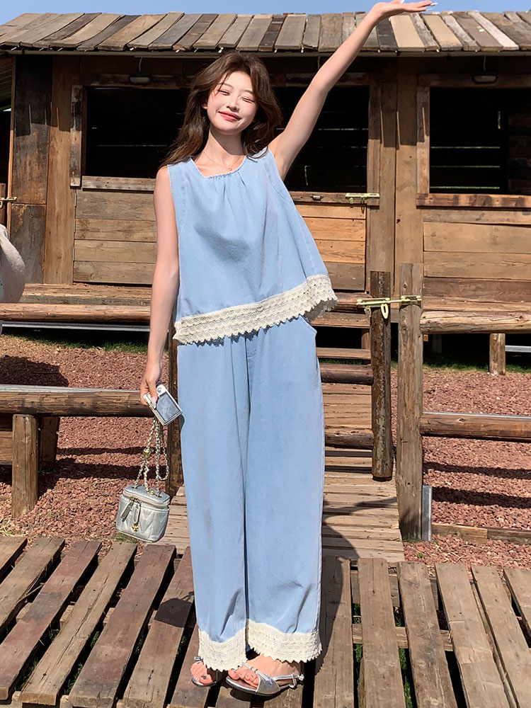 Light Blue Denim Two-Piece Set for Women - Age-Reducing Tank Top & Wide-Leg Pants - Summer 2025 Fresh Style for Petite Sizes