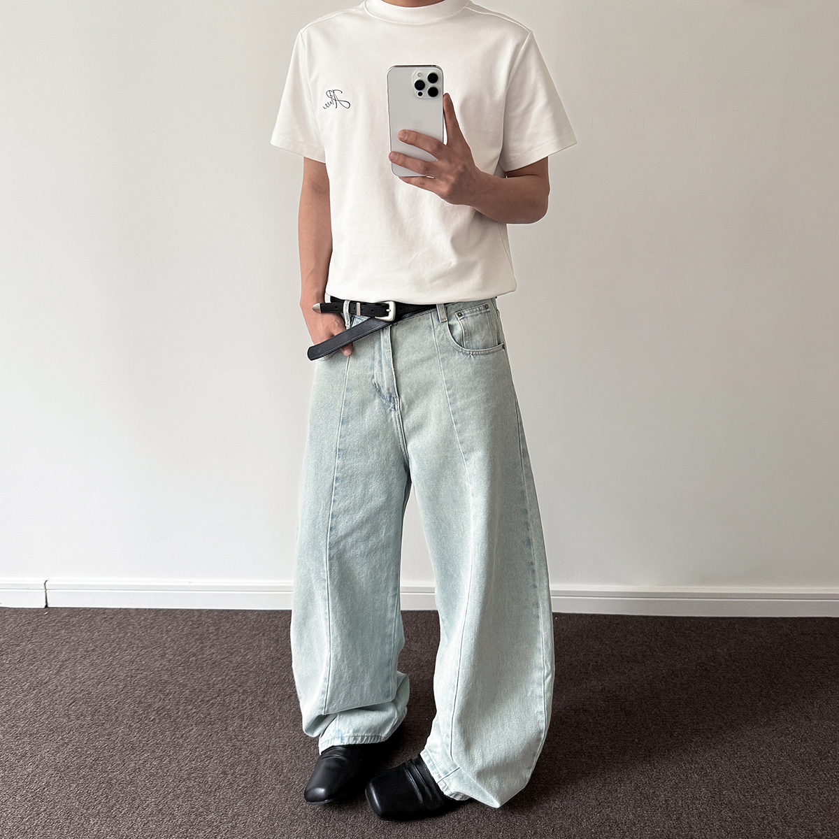 Light Blue Distressed Denim Pants for Men - Retro Straight Leg Micro-Flare Trendy Curved Fit