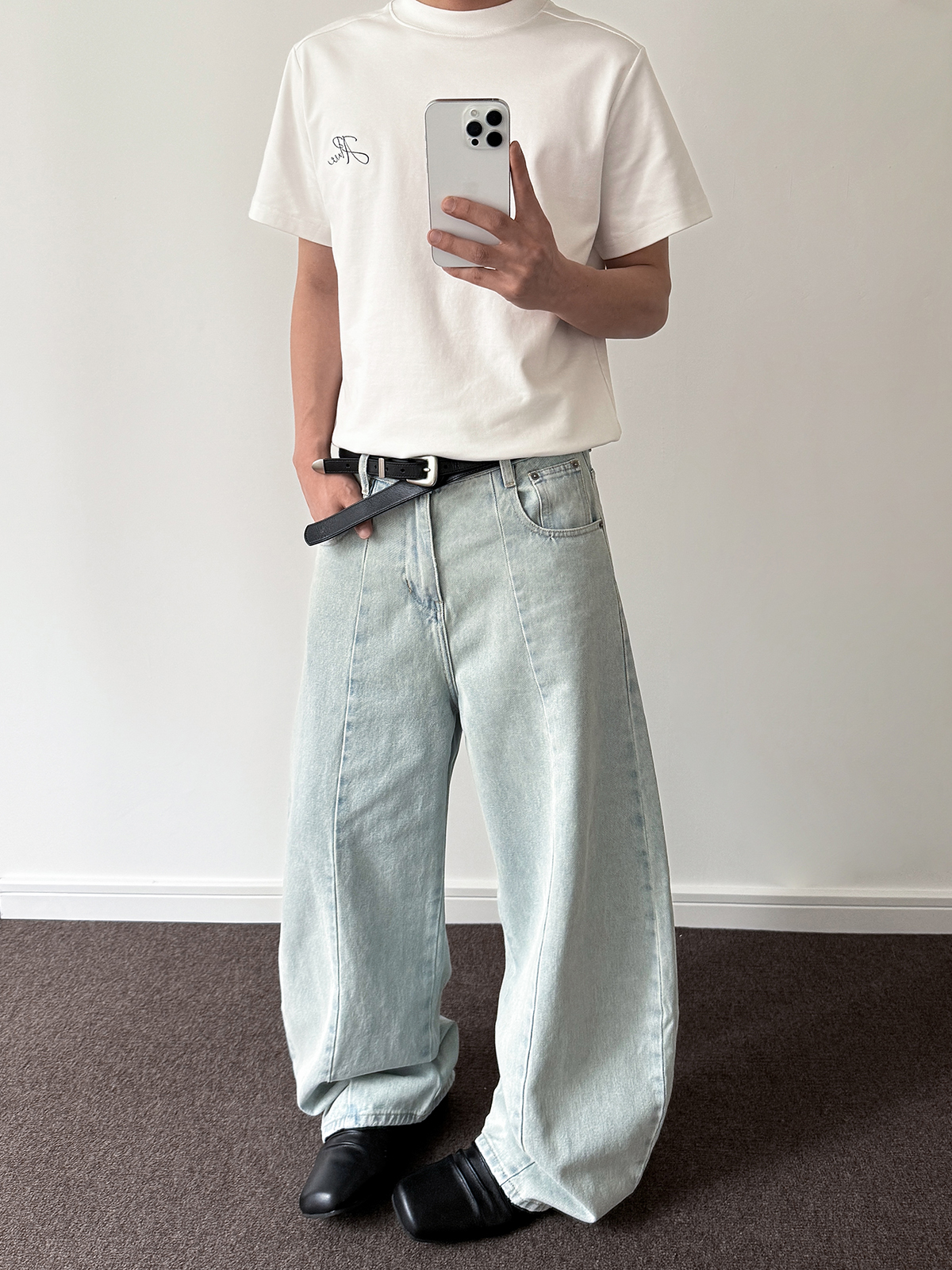 Light Blue Distressed Denim Pants for Men - Retro Straight Leg Micro-Flare Trendy Curved Fit