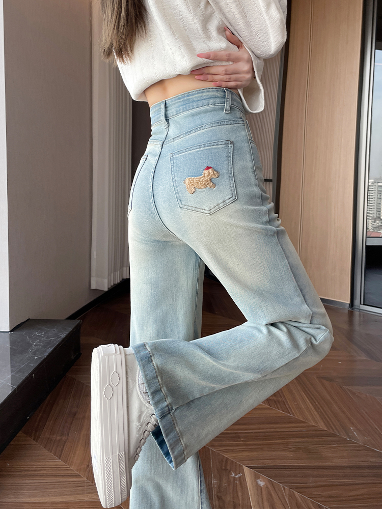 Light Blue Embroidered Dachshund High-Waisted Wide-Leg Jeans for Petite Women, Flattering Loose-Fitting Straight-Leg Floor-Length Pants