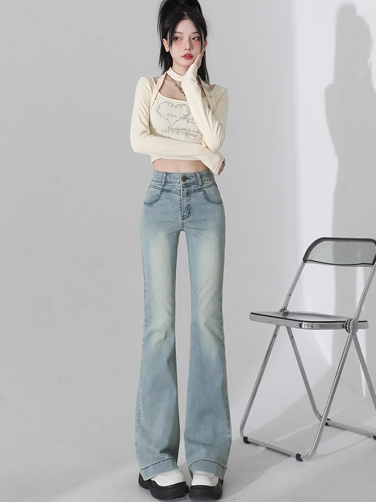 Light Blue High-Waisted Flared Jeans for Women - Slim Fit, Thin Fabric, American Style, Perfect for Spring/Summer, Petite Fit