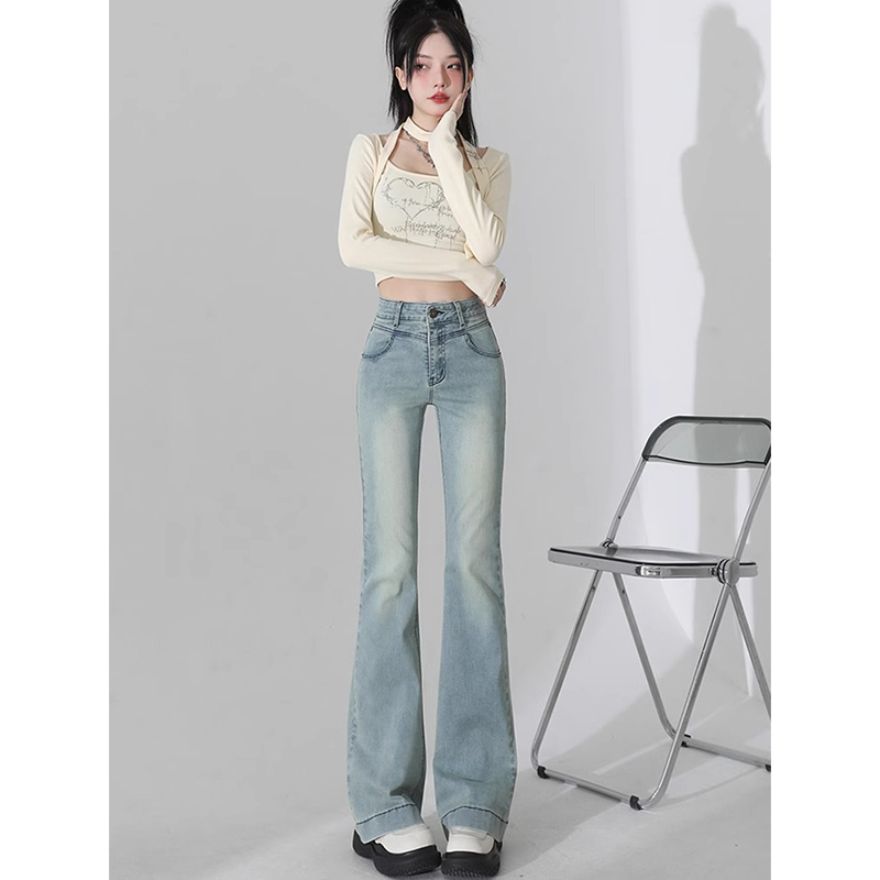 Light Blue High-Waisted Flared Jeans for Women - Slim Fit, Thin Fabric, American Style, Perfect for Spring/Summer, Petite Fit