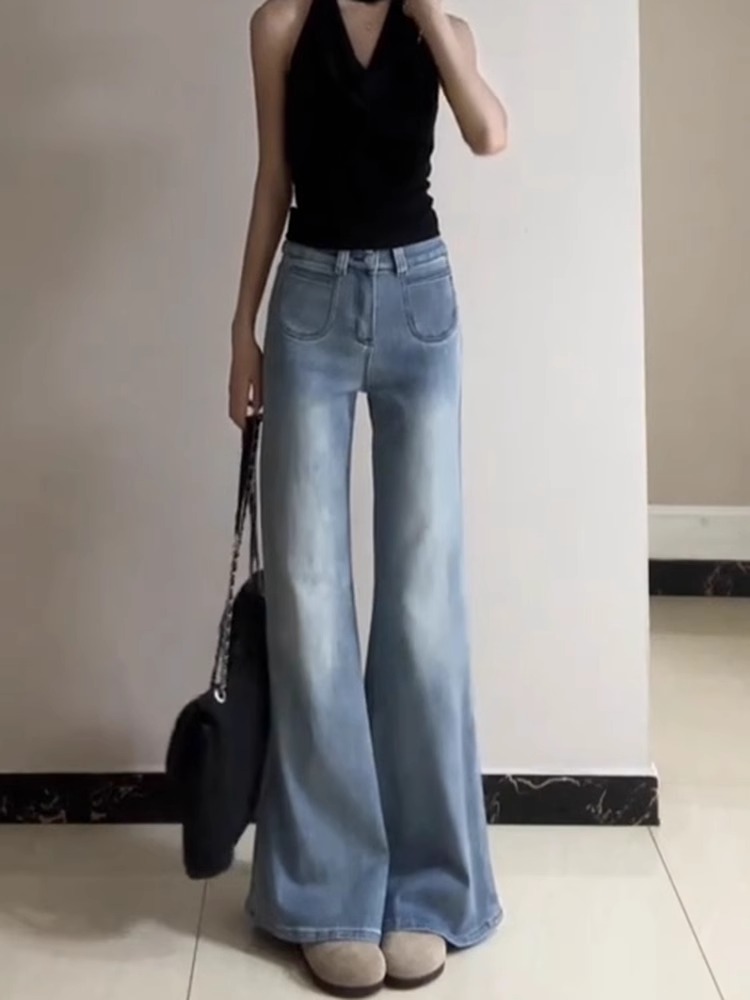 Light Blue High-Waisted Flared Jeans for Women, Slim Fit Versatile Summer Style, Double-Button Straight-Leg Pants