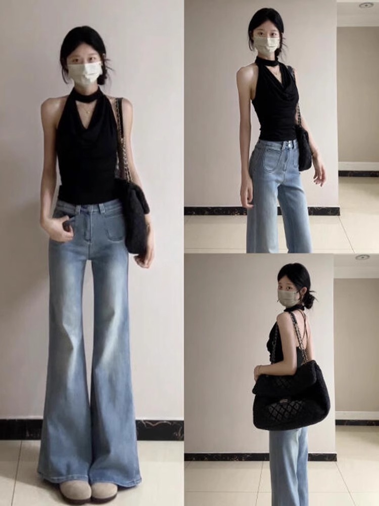 Light Blue High-Waisted Flared Jeans for Women, Slim Fit Versatile Summer Style, Double-Button Straight-Leg Pants Light Blue High-Waisted Flared Jeans for Women, Slim Fit Versatile Summer Style, Double-Button Straight-Leg Pants