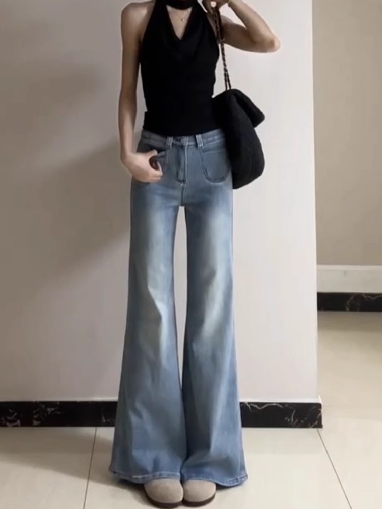 Light Blue High-Waisted Flared Jeans for Women, Slim Fit Versatile Summer Style, Double-Button Straight-Leg Pants Light Blue High-Waisted Flared Jeans for Women, Slim Fit Versatile Summer Style, Double-Button Straight-Leg Pants