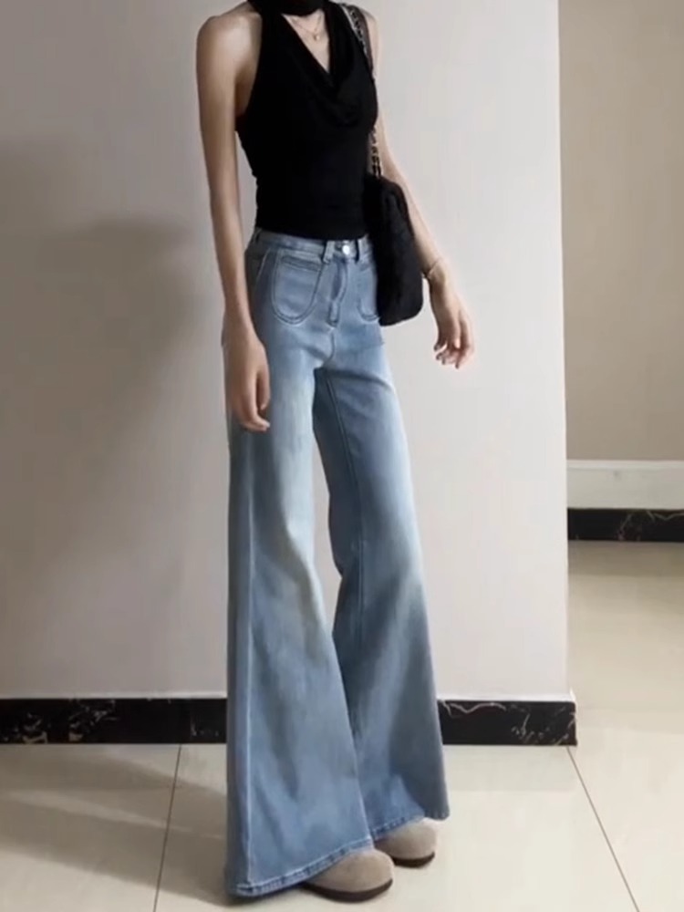 Light Blue High-Waisted Flared Jeans for Women, Slim Fit Versatile Summer Style, Double-Button Straight-Leg Pants Light Blue High-Waisted Flared Jeans for Women, Slim Fit Versatile Summer Style, Double-Button Straight-Leg Pants