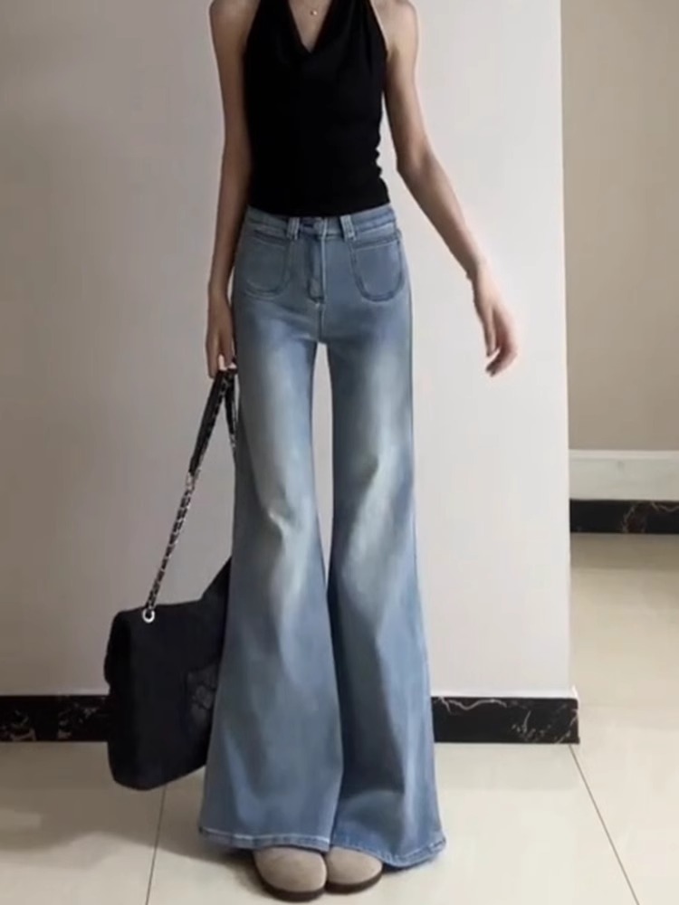 Light Blue High-Waisted Flared Jeans for Women, Slim Fit Versatile Summer Style, Double-Button Straight-Leg Pants Light Blue High-Waisted Flared Jeans for Women, Slim Fit Versatile Summer Style, Double-Button Straight-Leg Pants